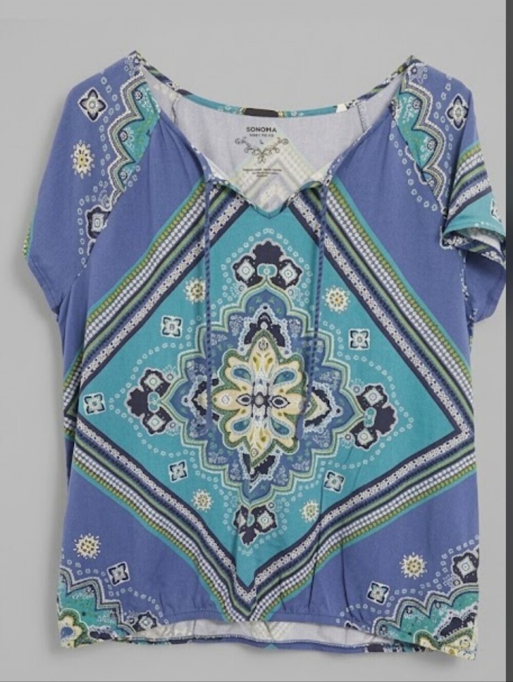 Sonoma Blue Teal Paisley V‑Neck Short Sleeve Top Size XL Bohemian